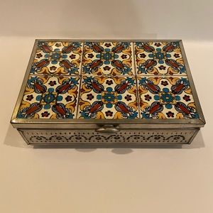 Tin and tile box with mirror made in Mexico.